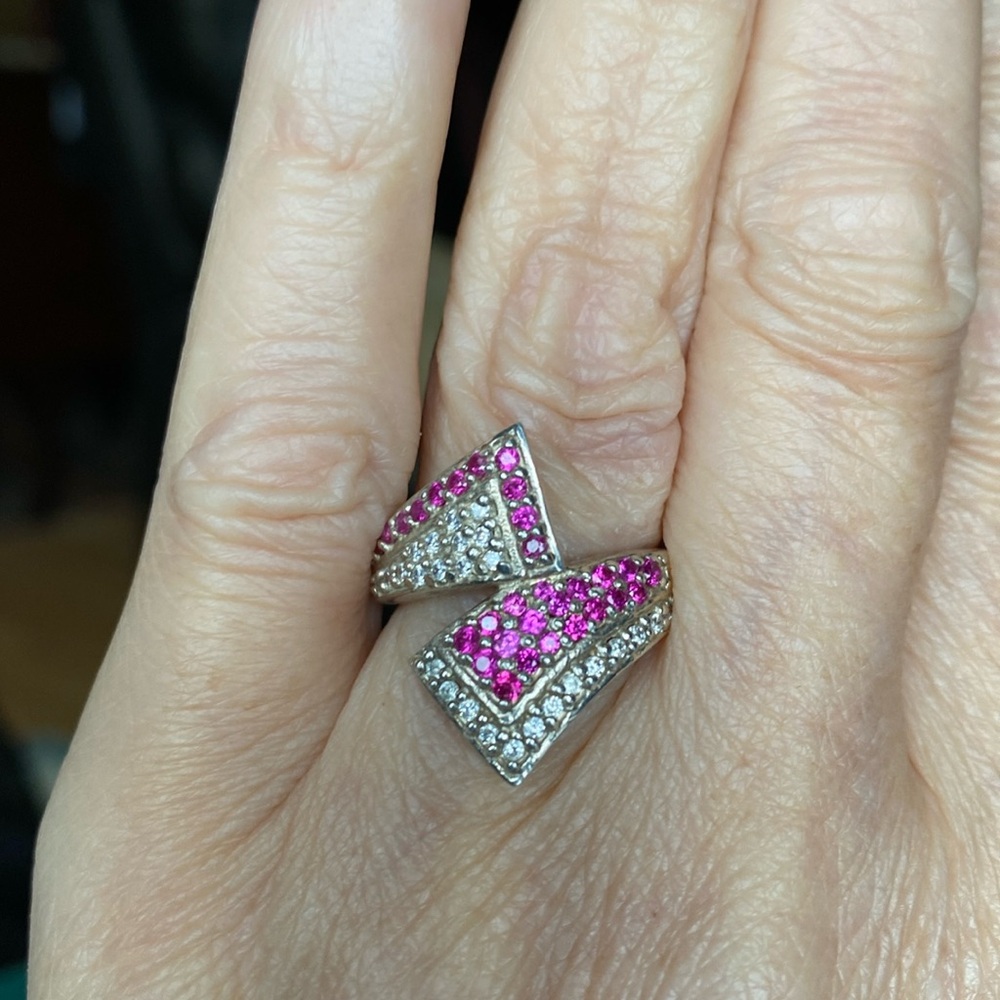 Sterling Silver Ring with Thai Rubies and White Topaz Size 6.5